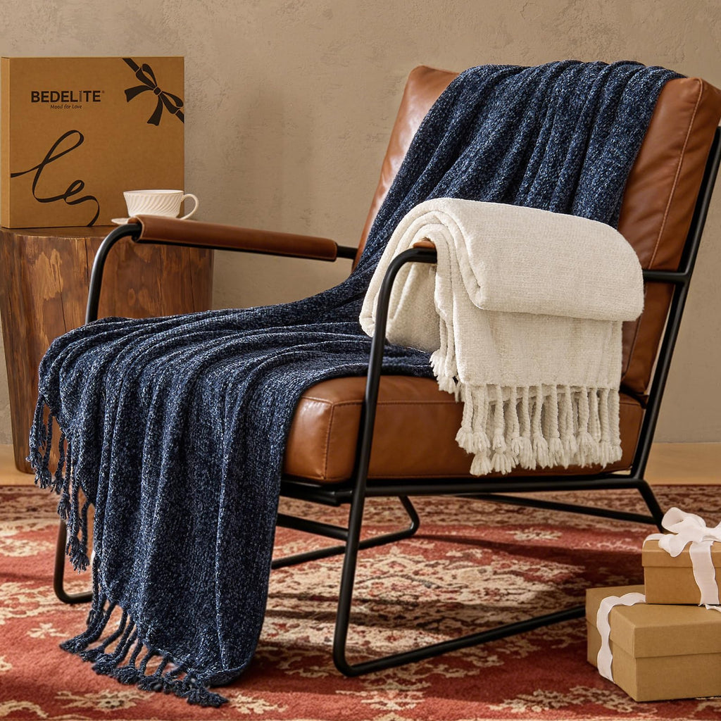 Soft Cozy Chenille Knit Throw Blanket with Tassel, 50 * 60 Navy