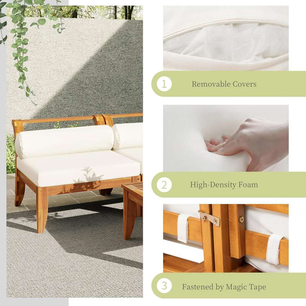 6 Piece Patio Sofa Set, Acacia Wood Outdoor Modular Sectional Garden Furniture Set, L-Shaped Conversation Set