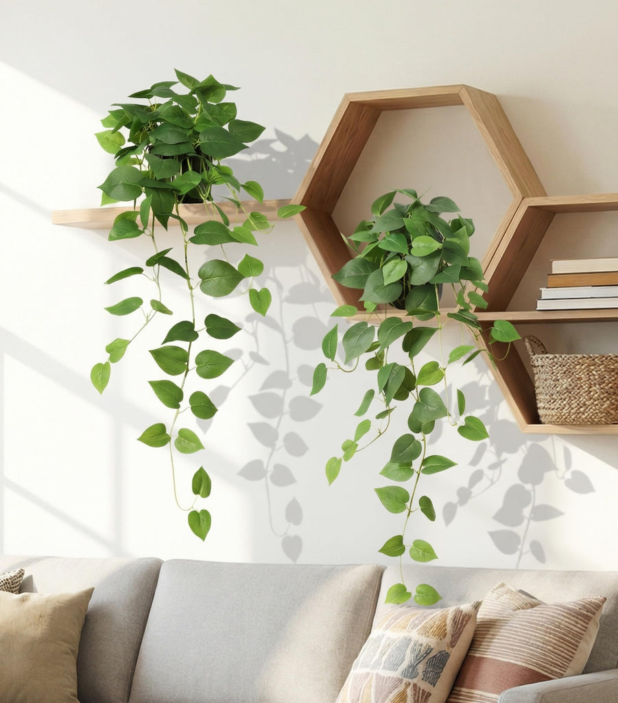 Fake Plants 2 Pcs Faux Pothos Plants Potted Indoor Artificial Hanging Plants Realistic Fake Greenery Table Desk