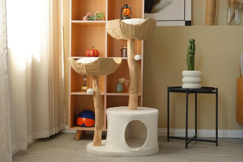Natural Modern Cat Tree Tower - Wooden Cat Condo with Dangling Ball, Cozy Baskets, Scratching Posts, for Large Indoor