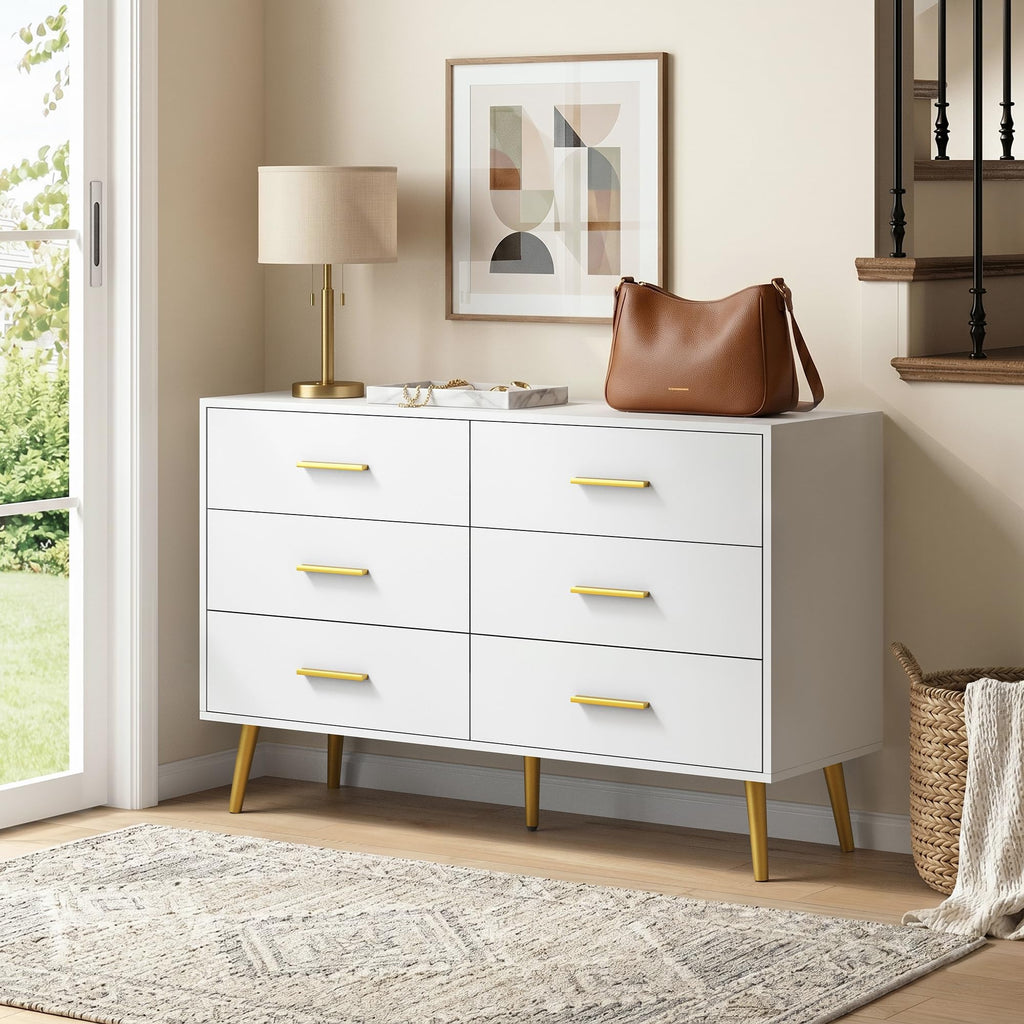 White 6 Drawer, 47" Wood with Gold Handles.