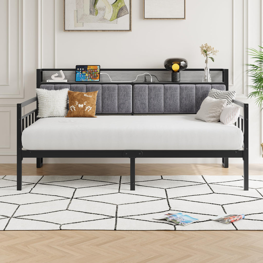 Metal Daybed Frame Twin Size with Charging Station, Metal Twin Bed Frame with Upholstered Headboard with Strong Steel