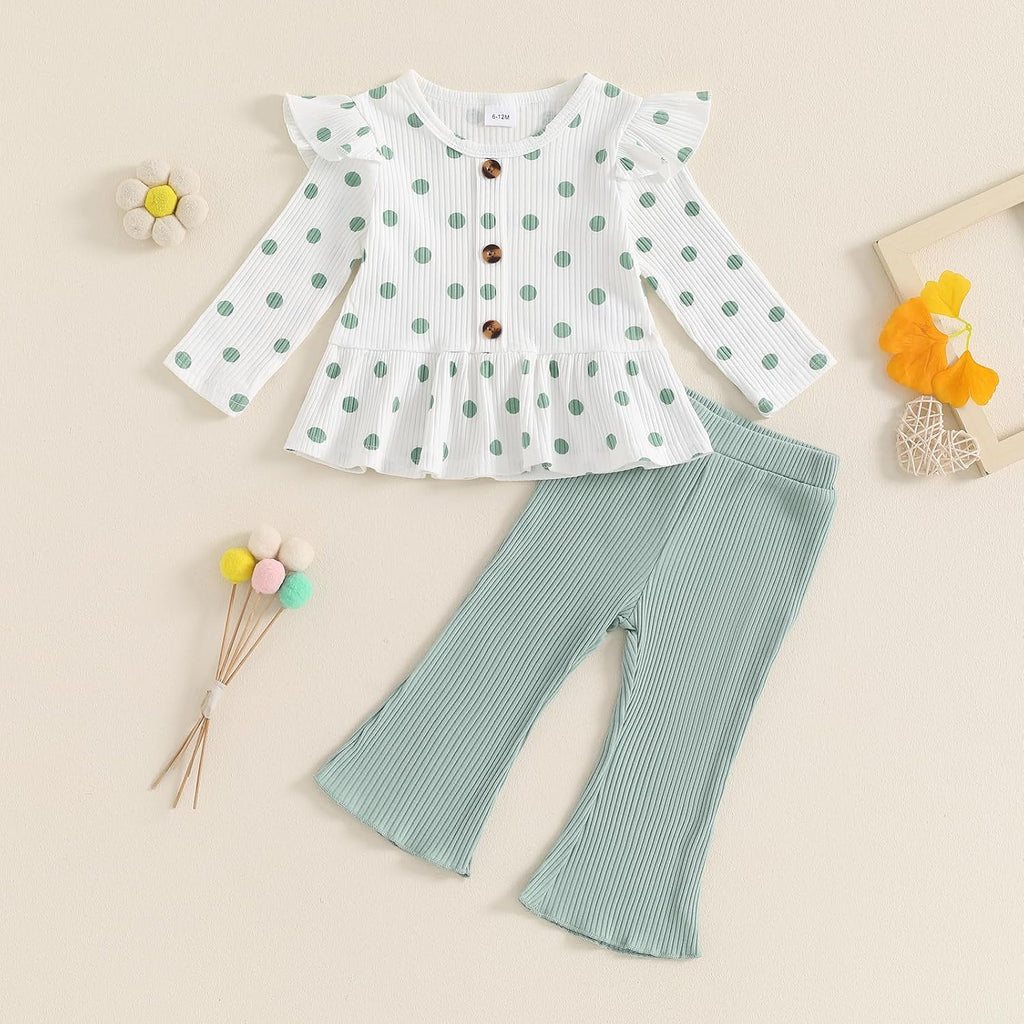 Toddler Baby Girl Clothes Cute Ribbed Outfits Knit Long Sleeve Shirt Tops Bell Bottom Pant Fall Winter Outfit