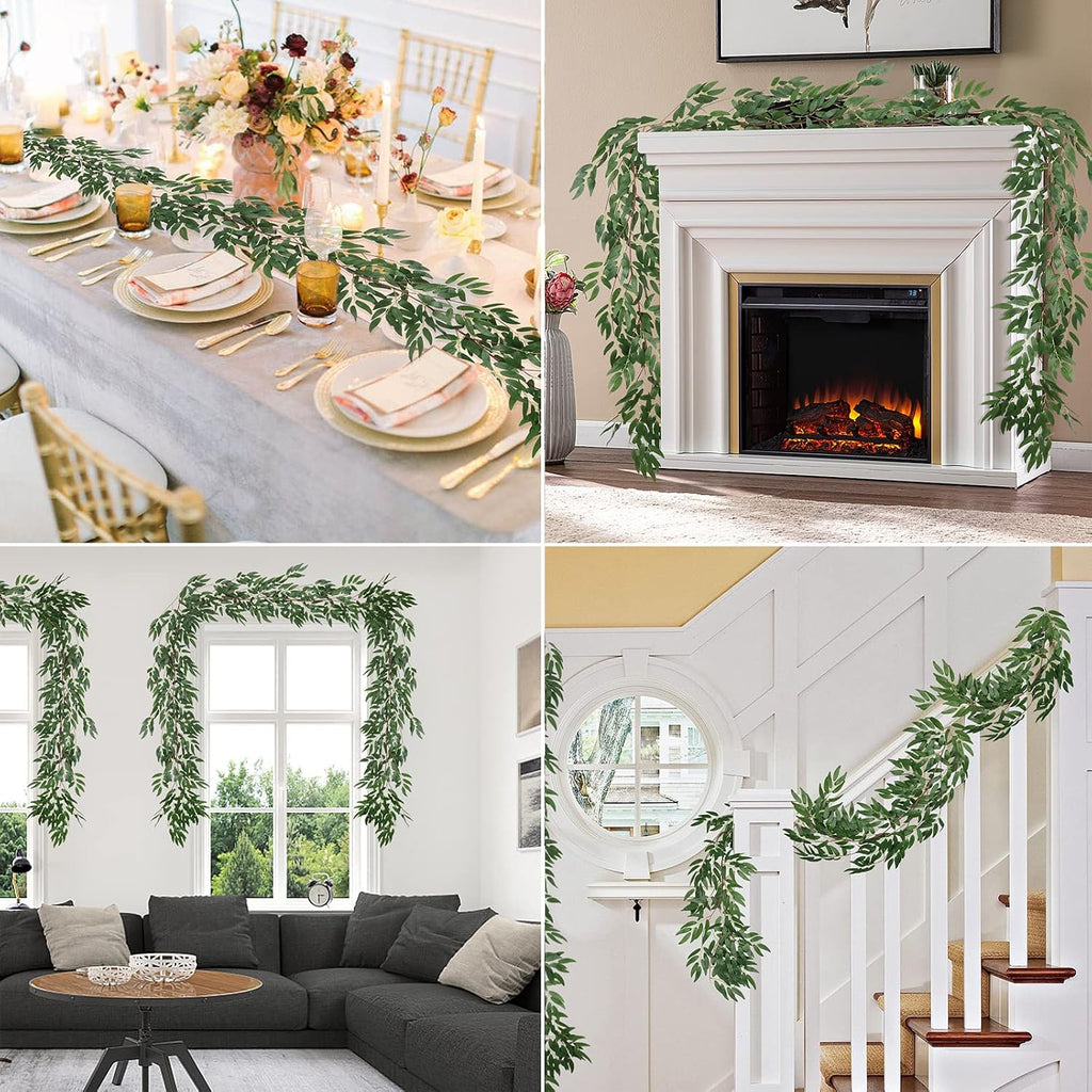 Artificial Willow Leaves Vine Twigs 5.9Ft Fake Hanging Ivy Plants Silk Green Leaf Rattan Garland Greenery Decor - Set of 2