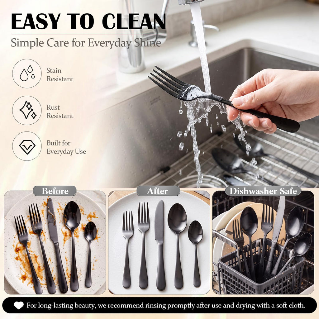 30 Pcs Black Silverware Set Stainless Steel Utensil Sets for 6 Guest