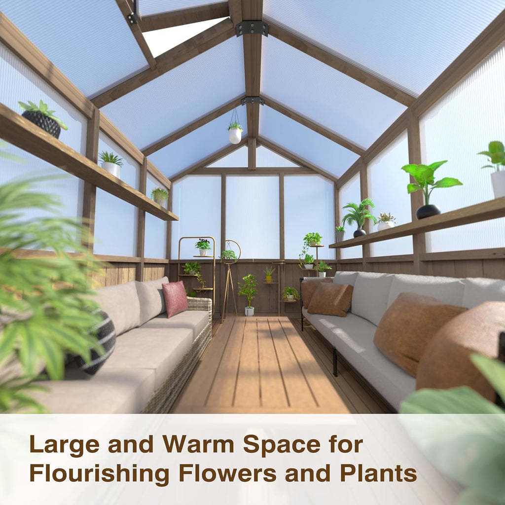 6 x 8 FT Wooden Polycarbonate Greenhouse with Ventilated Window and Lockable Door, 6mm PC Panels for UV Protection