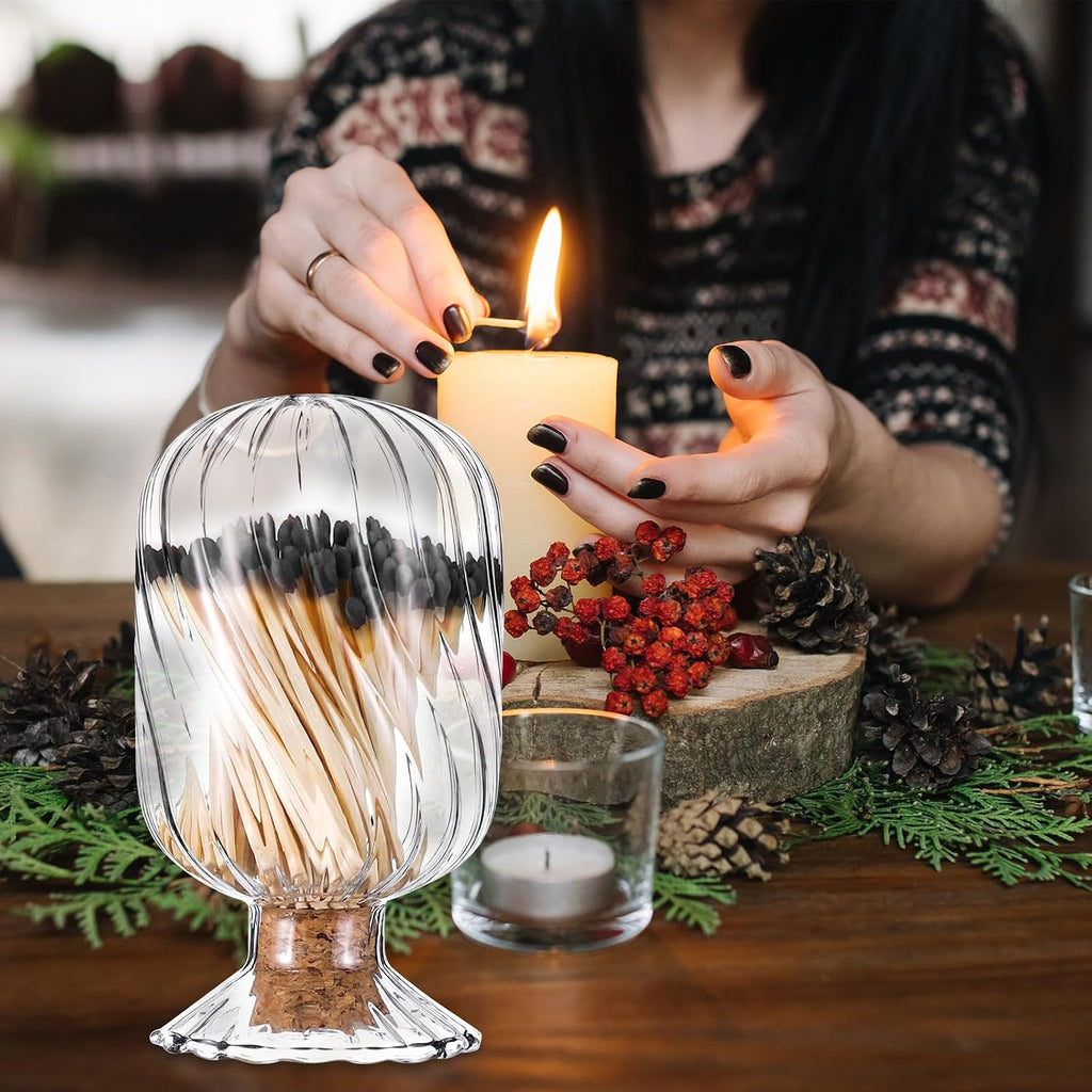 Glass Match Holder Jar with Striker, Decorative Glass Container for Matches
