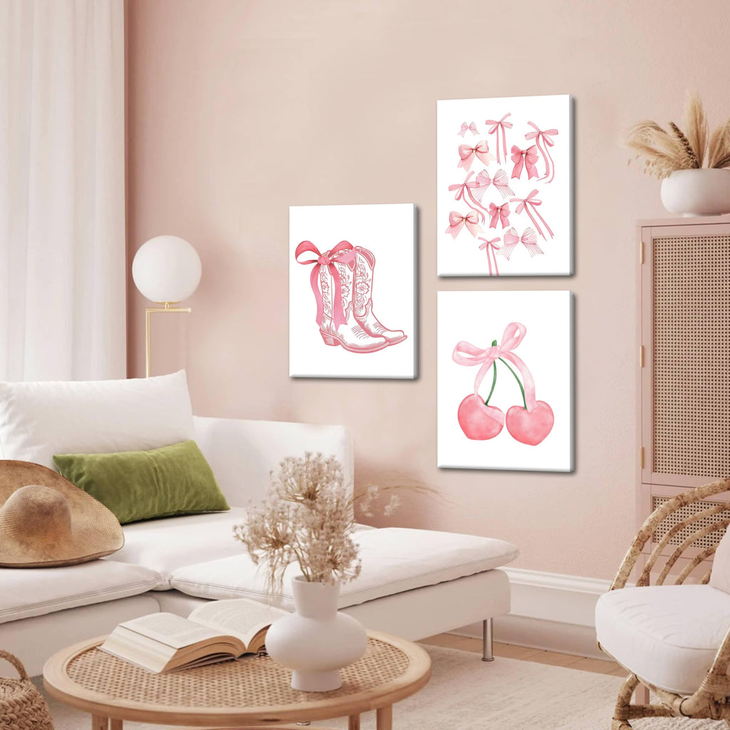 Fashion Pink Bows Wall Art Set of 3, Preppy Watercolor Cherry Cowboy Boots Wall Decor Posters, Cute Aesthetic Room