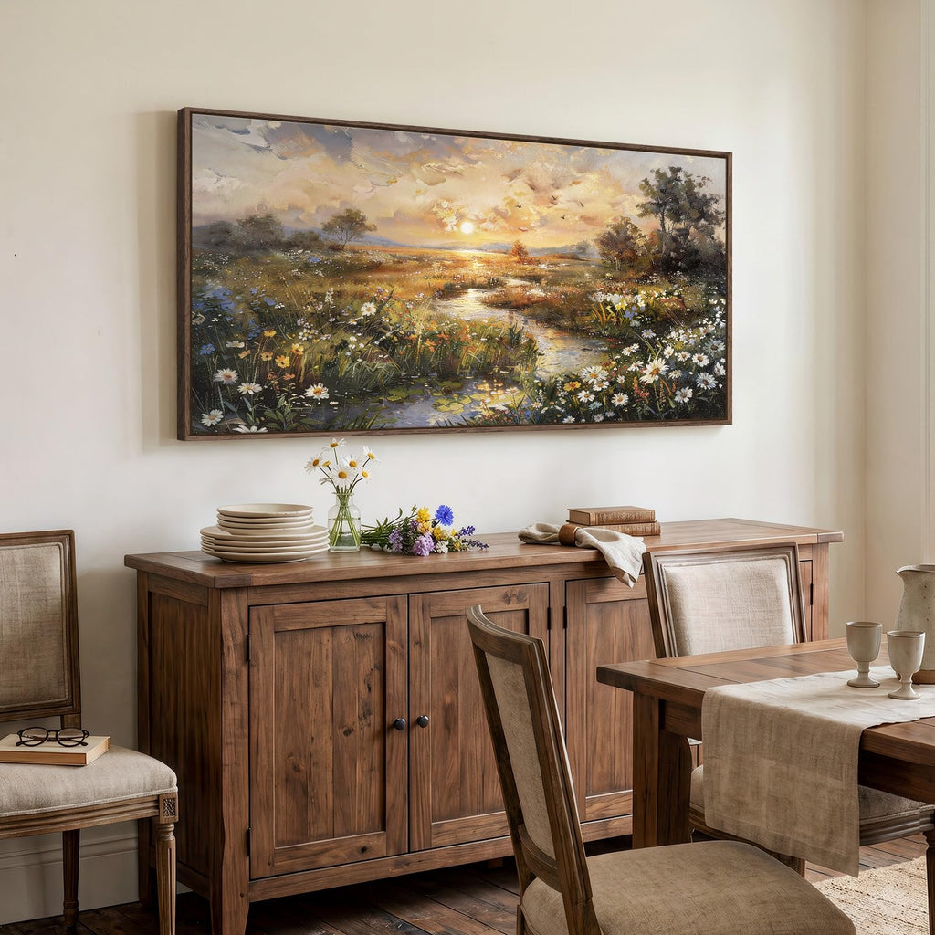 Large Framed Vintage Sunset Landscape Wall Art, 60x30 Inch