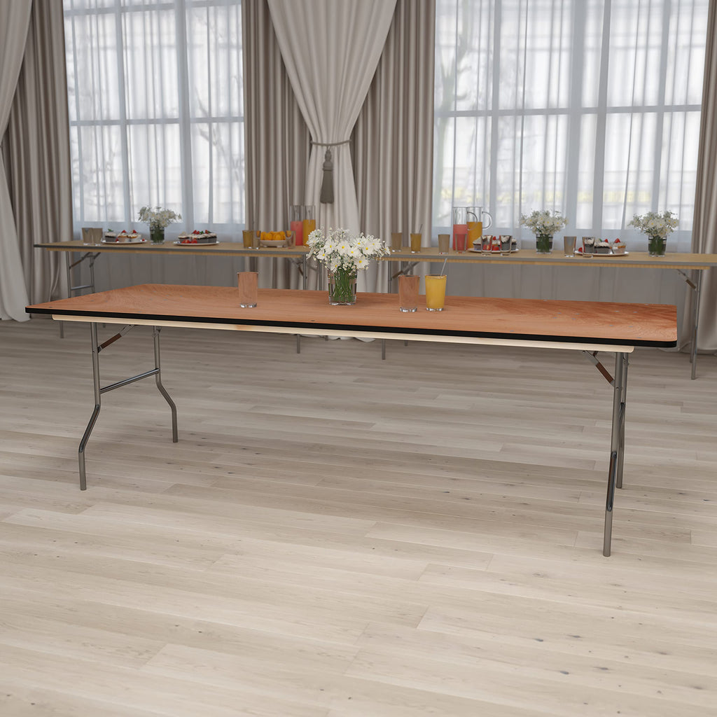 Fielder 8' Rectangular All-Occasion Wood Folding Event Table, Foldable Portable Banquet Table with Wooden Top