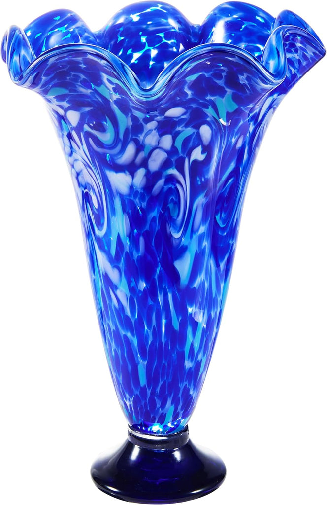 Hand Blown Cobalt Blue Confetti Art Glass Flower Vase Decor 10 inch Tall Centerpiece Table Decoration