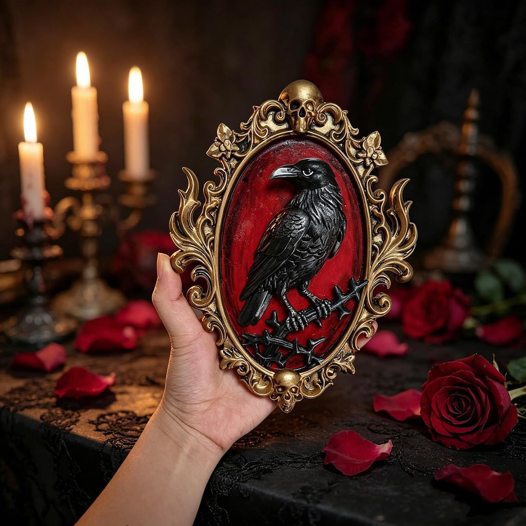 Gothic Raven Resin Wall Sculpture, 3D Crow Wall Decor with Gold Skull Frame