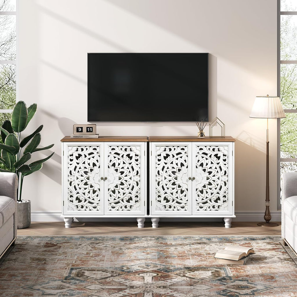 Accent Cabinet with Doors, Decorative Storage Cabinet with Adjustable Shelf, Carved Sideboard Buffet with Solid Wood