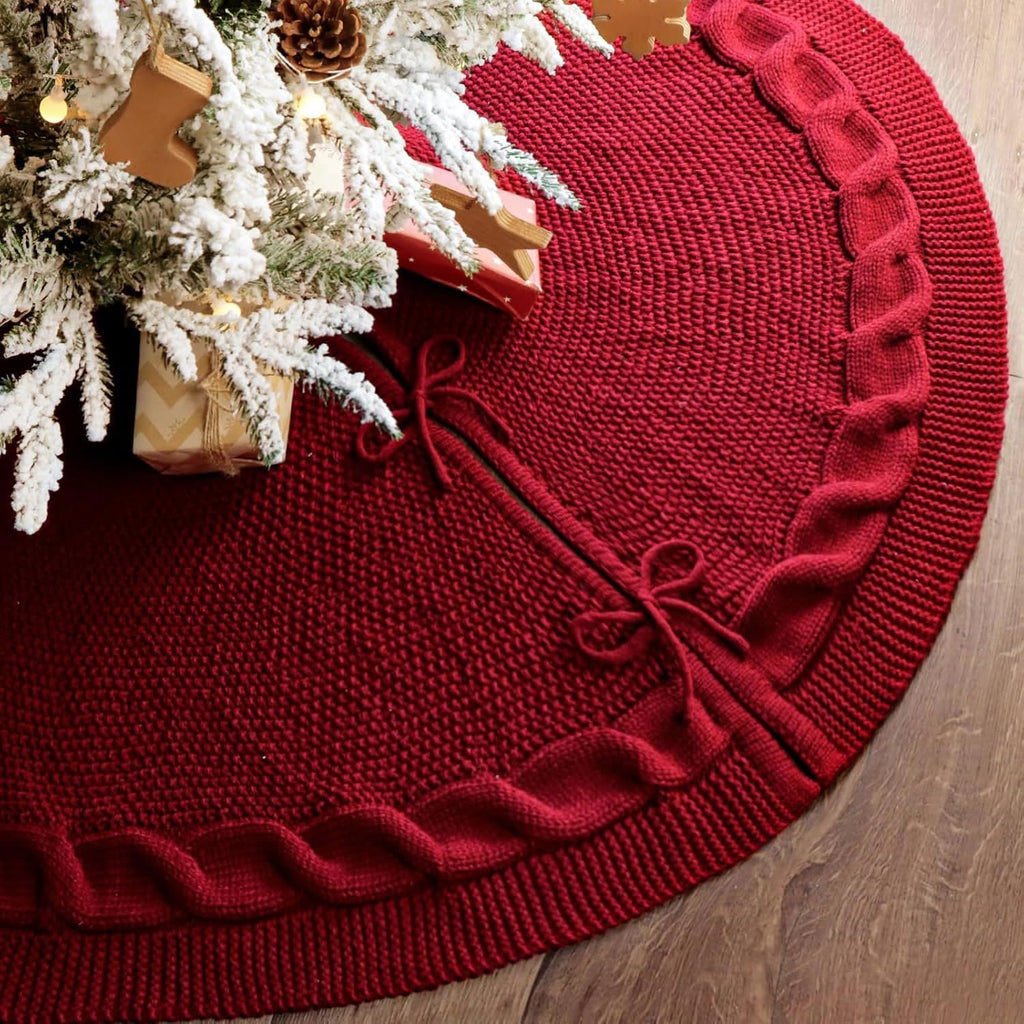 48 Inch Christmas Tree Skirt: Cable Knit Tree Skirt for 7.5FT Tree, Wine Red Tree Skirt, Vintage Tree Skirts, Rustic