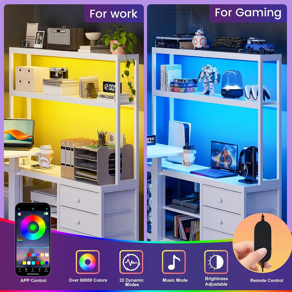 65Inch White L Shaped Standing Desk with Drawers and Hutch | Charging Station, RGB LED lights, Reversible Desk, File