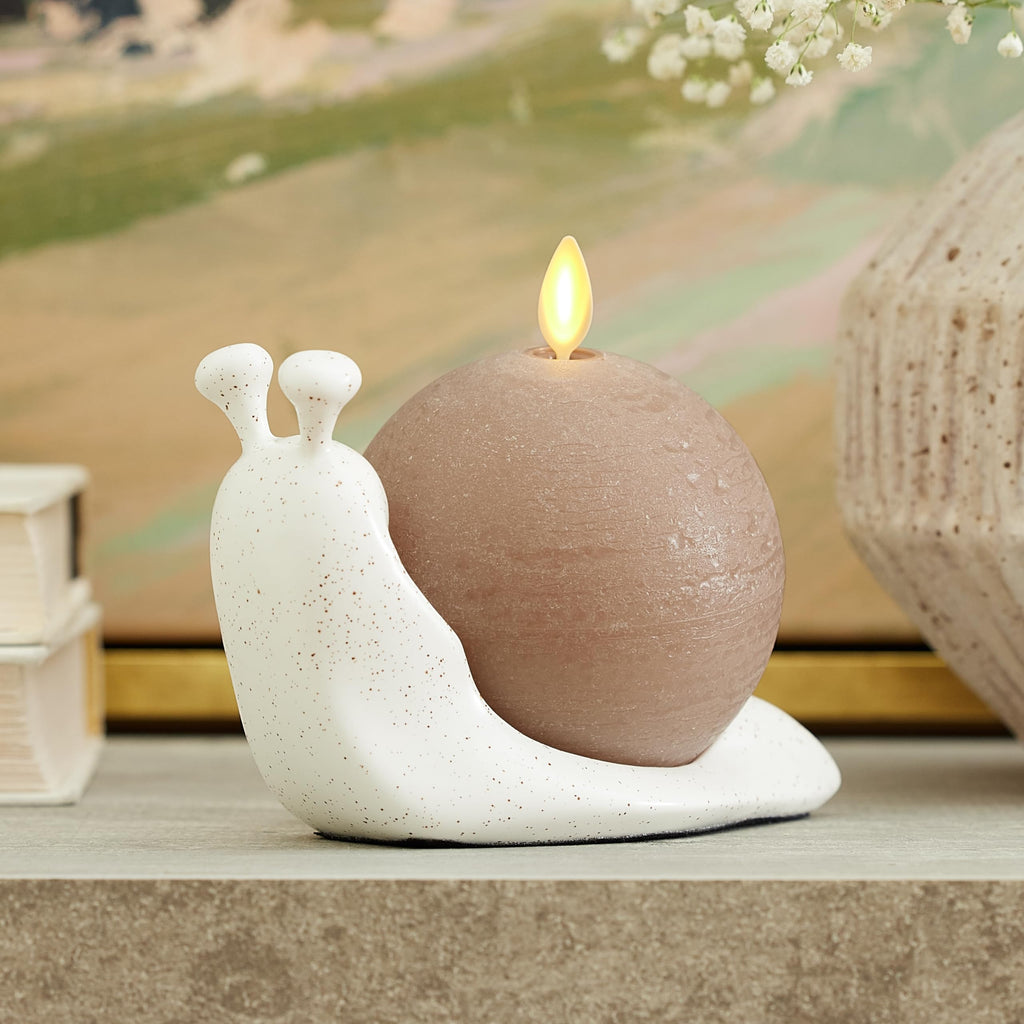Candlestick Holder White Speckled Ceramic Snail, 5.7" x 3.8" Design, Holds the Chalky Sphere Compatible, Safe