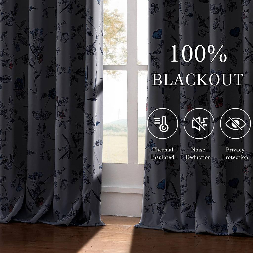 100% Navy Blue Blackout Floral Curtains 96 Inches Long 2 Panels
