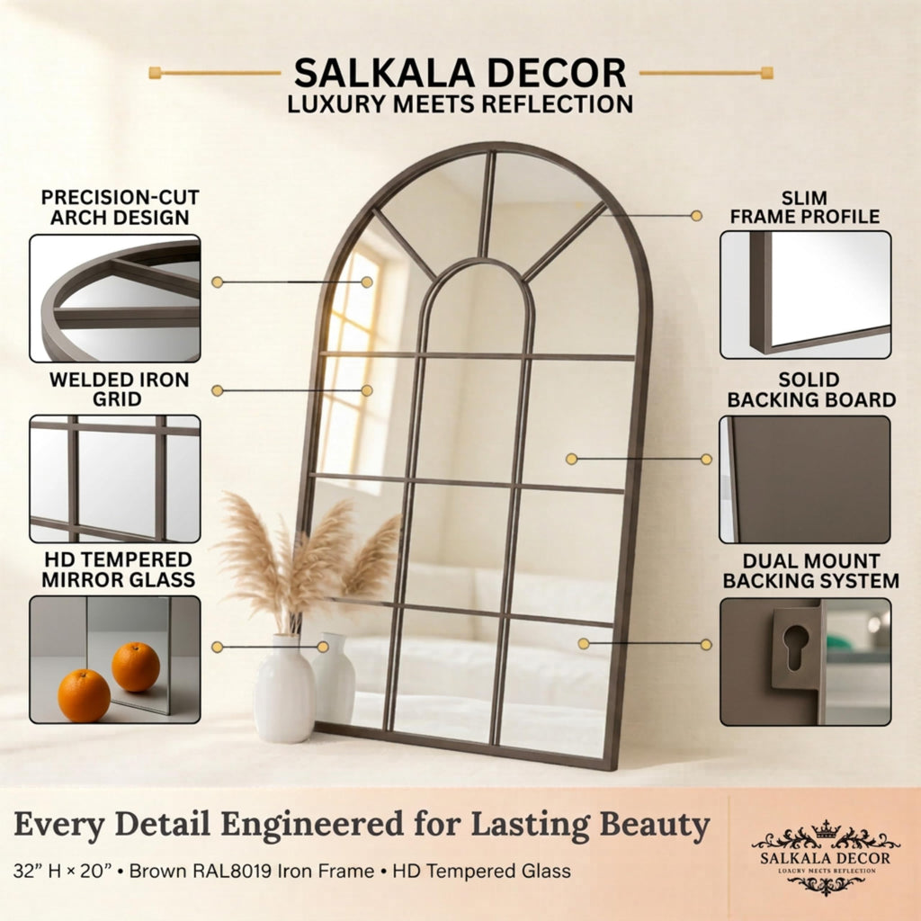 Brown Arched Windowpane Mirror 32x20 Inch, Bathroom Mirror Vanity Mirror for Wall, Boho Bedroom Decor, Vintage