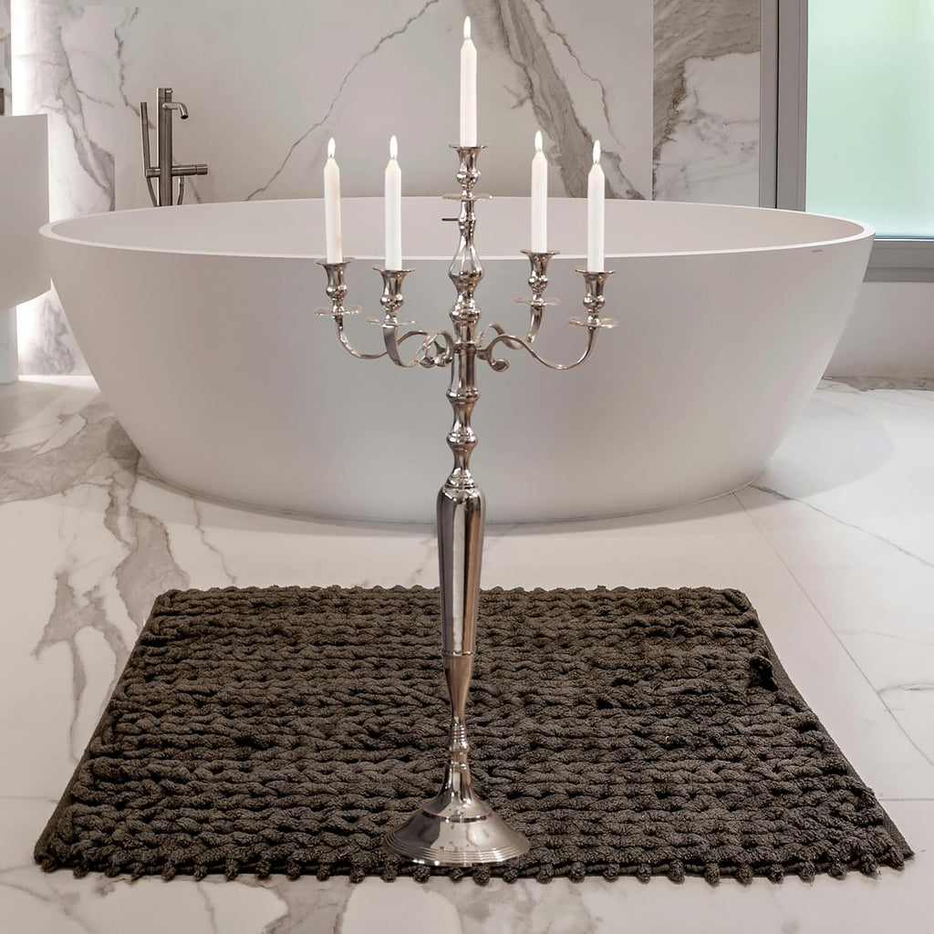 Romantic Hamptons Oversized 5 Candle Silver Candelabra | Hand Crafted Silver Aluminum Nickel, 41.25 Inches High, Over