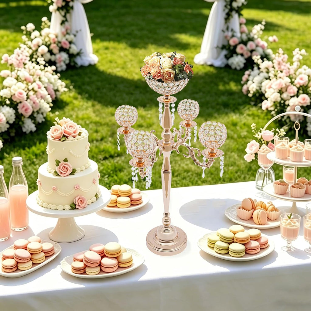 Gold Centerpieces for Table, 5 Arm Crystal Candelabra Holder with Pendant, 4 Candle Slots & 1 Flower Vase, Table