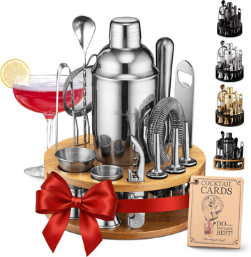 Bartender Kit - Cocktail Shaker Set with Bamboo Stand | Complete Cocktail Kit Gift Set | Top Bartender Gifts - Set of 15