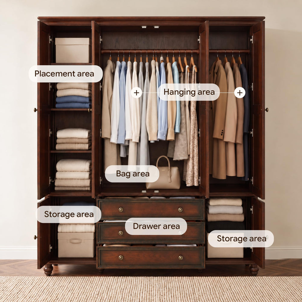 Solid Wood 4 Door Wardrobe Armoire,Vintage Cherry Finish