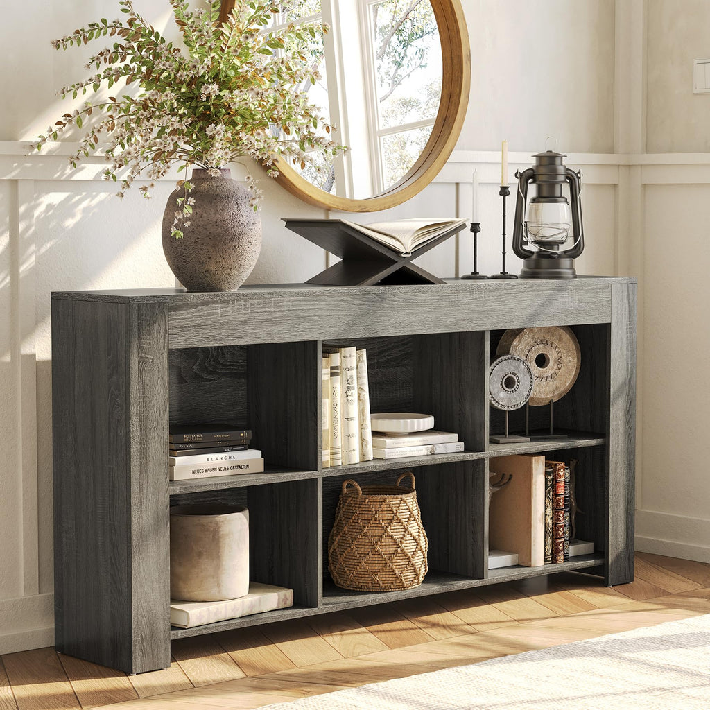 Console Table with Storage, 63-Inch Long Sofa Table, Entryway Table with Cubes, Farmhouse Storage Shelves, Grey +