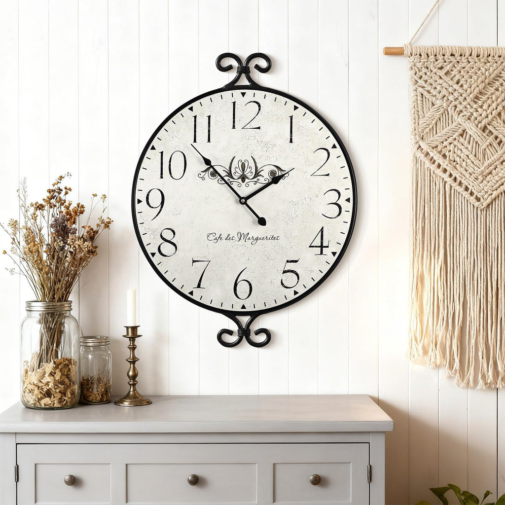 30 Inch Wall Clock, Extra Large Farmhouse Wall Clock, Wrought Iron Frame with Warm Gray Finish, Silent Battery