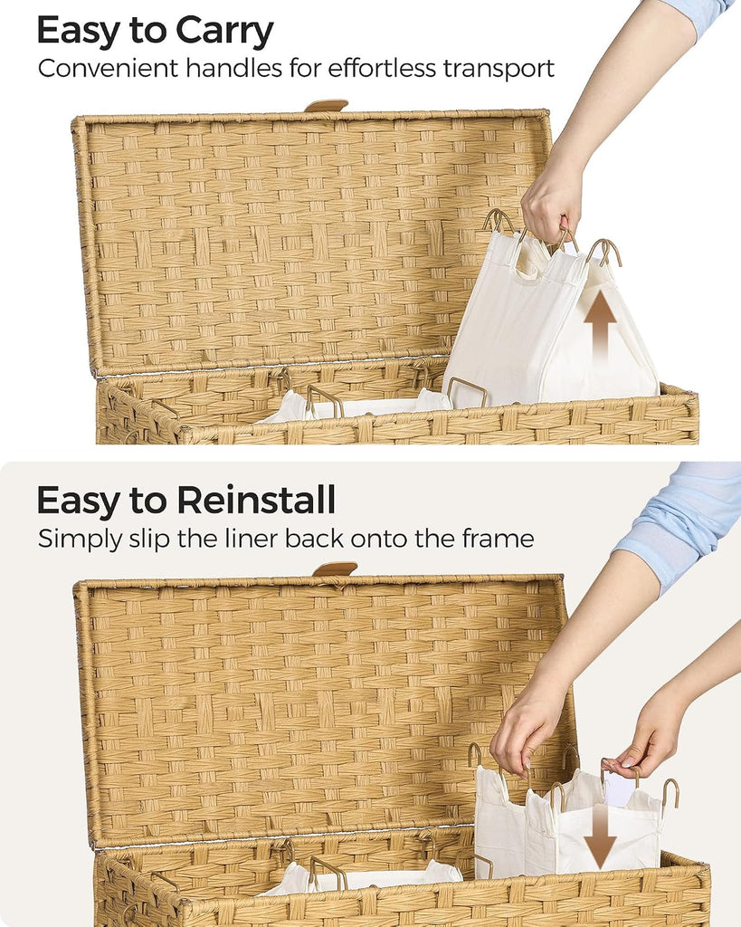 130L Wicker Laundry Hamper with Lid, 3-Section Laundry Basket | 3 Removable Liner Bags; 4 Included Mesh Laundry Bags;