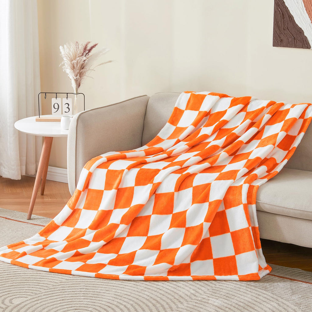 Checkered Fall Twin Blanket for Couch, Orange & White, 60"x80"
