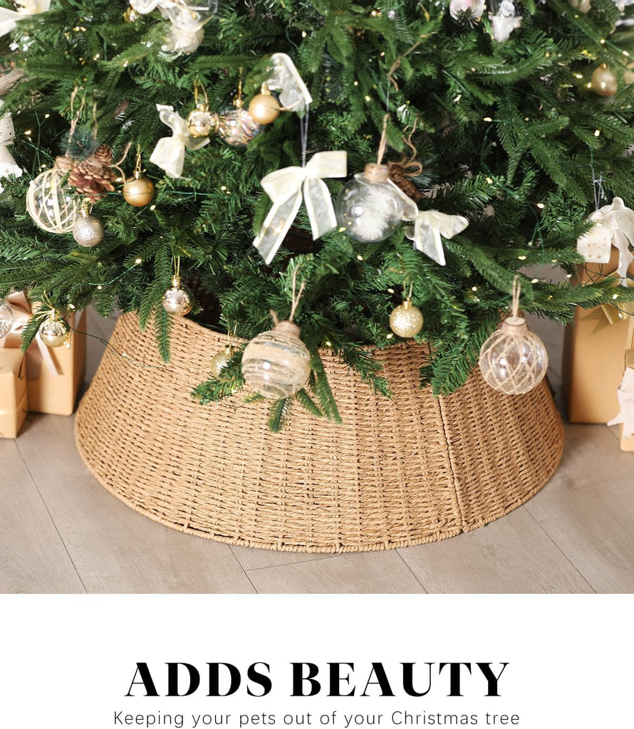 Rustic Farmhouse Christmas Tree Collar - Holiday Decorations - Natural Woven Wicker Tree Base Cover, Basket Ring for