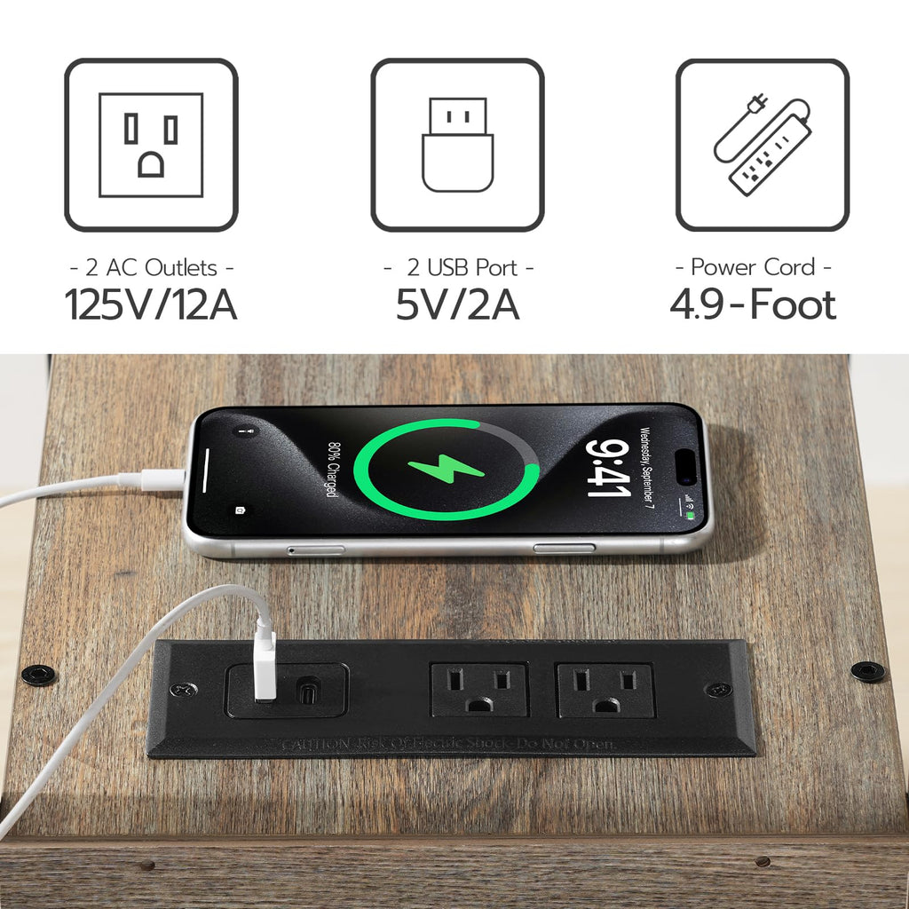 End Table with Charging Station, Narrow Side Table with 2 Drawer & USB Ports & Power Outlets, Nightstand for Small