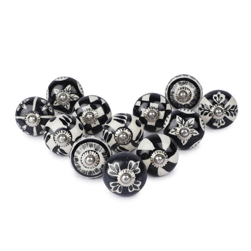 Ceramic Cabinet Knobs Set 12 Black White Hand Painted Floral Handles