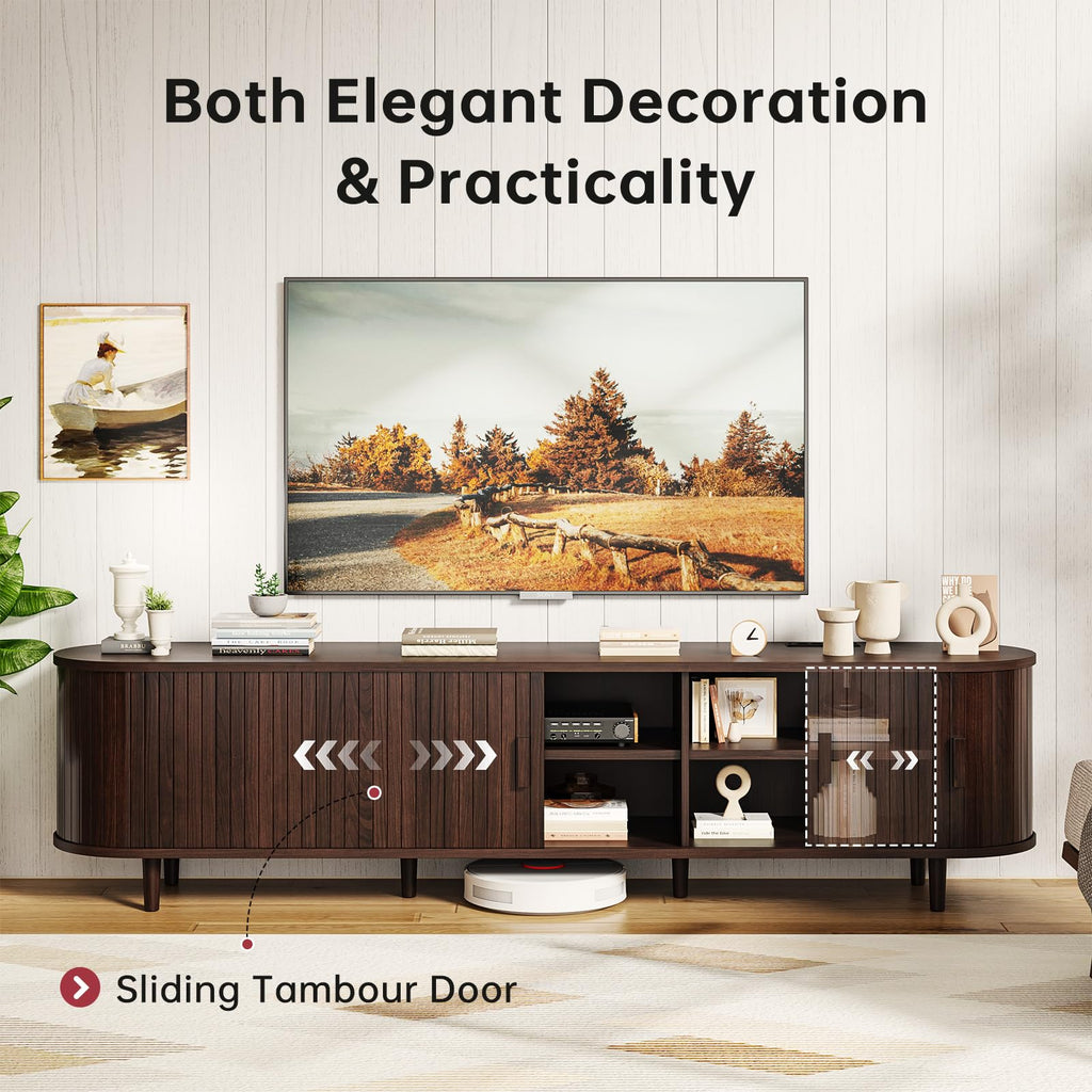 70" Mid Century Modern TV Stand with Sliding Doors, Wood Entertainment Center with Storage and Adjustable Shelves