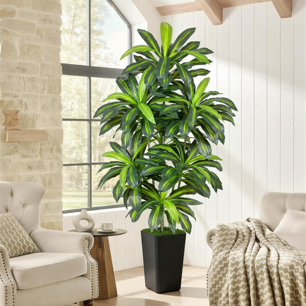 7FT Artificial Dracaena Tree - High-Density Foliage Fake Plant with Black Tall Planter - Faux Yucca Floor Plant Decor