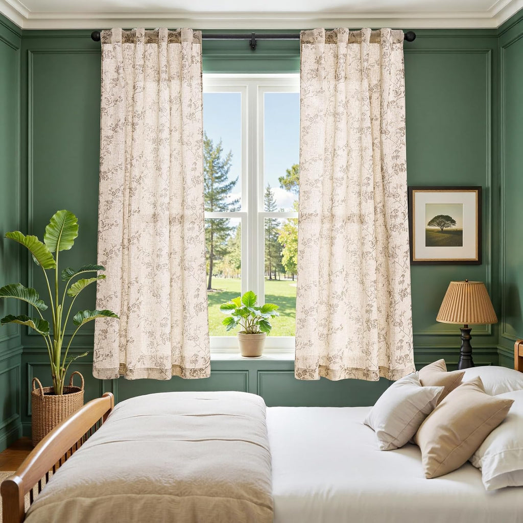 Floral Linen Curtains Taupe Flower Curtain Rod Pocket Back Tab Farmhouse Curtains with Printed Floral