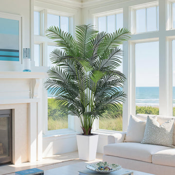 Artificial Palm Tree with White Tall Planter, 7ft Tall Potted Artificial Silk Palm Tree Plant, Fake Tropical Plant