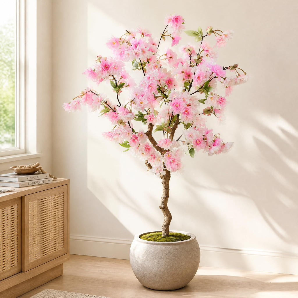 4FT Artificial Cherry Blossom Tree, Pink Faux Flower Tree in Pot
