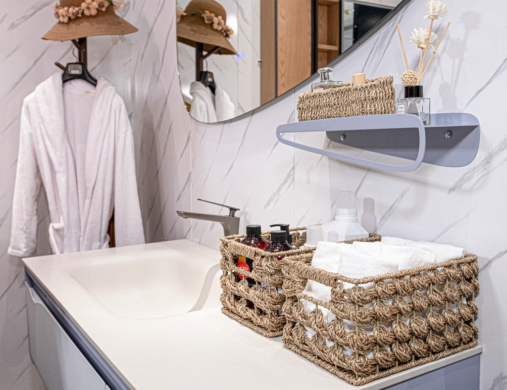 Wicker Storage Baskets, Seagrass Baskets for Counter Organizing, Handwoven Rectangular Baskets for Shelves, 11 x 7.5