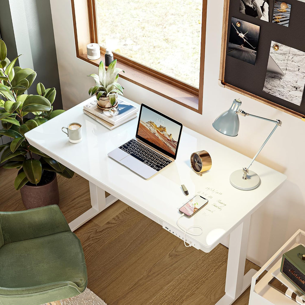 Electric Standing Desk with Drawers, 55 inch Whole-Piece Glass Desktop, Height Adjustable Stand up Sit Stand Home