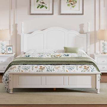 Vintage Queen Wood Bed Frame, Traditional Solid Wood Platform Bed with Retro Style Headboard, Traditional Town Style