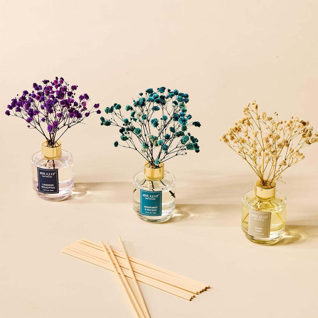 Reed Diffuser,Clean Linen Ocean Mist&Sea Salt Lavender Eucalyptus Oil Reed Diffusers Living Room Office - Set of 3