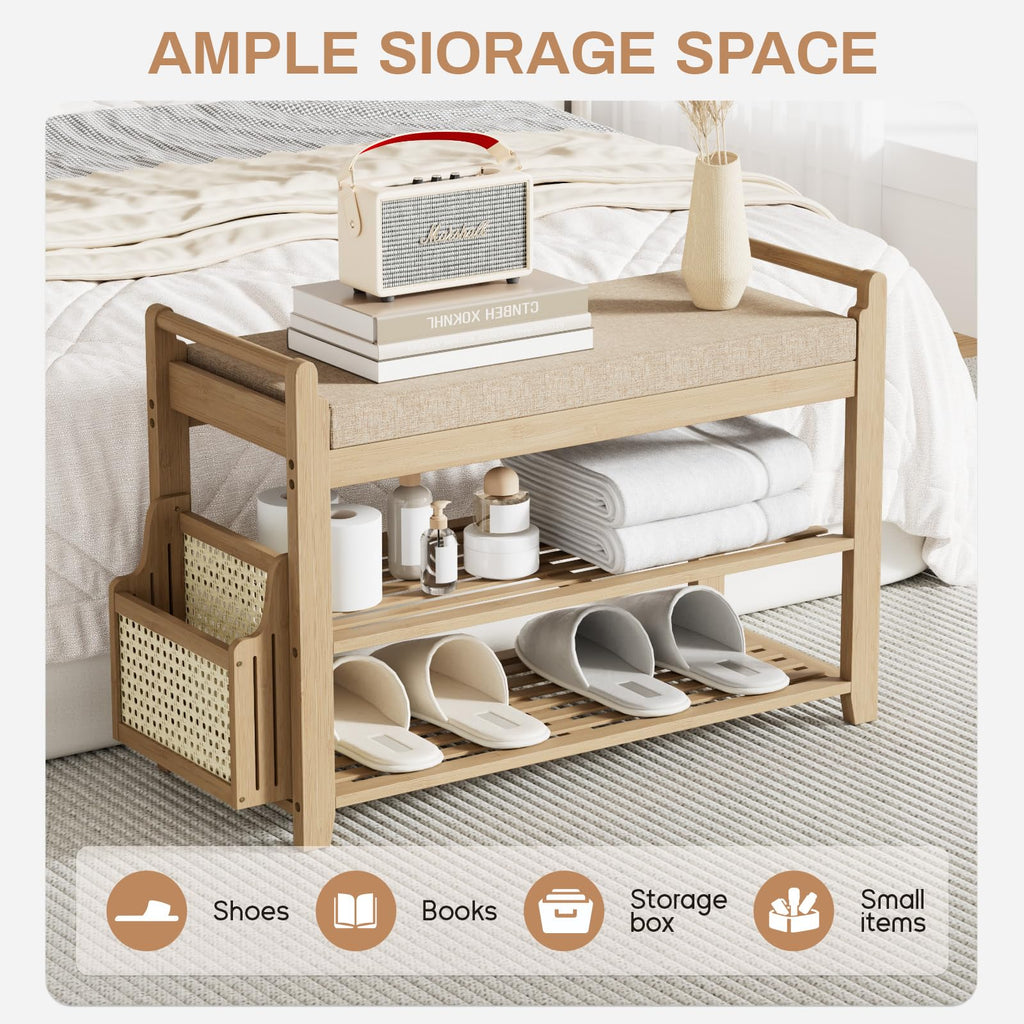 2-Tier Shoe Rack Bench, 28.2 in, Walnut and Light Brown