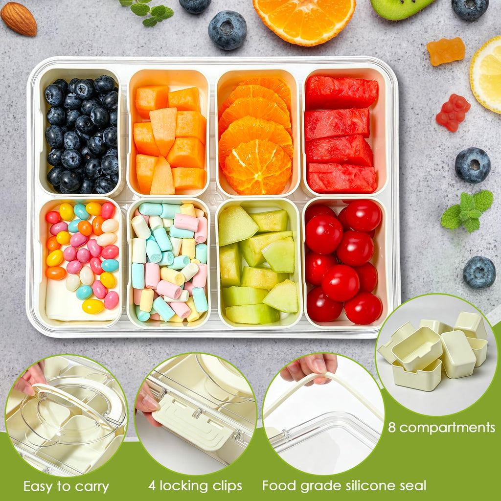 Divided Serving Tray with Lid and Handle, 8 Compartment Snack Box, Portable Snack Platter for Fruits, Veggies, Nuts