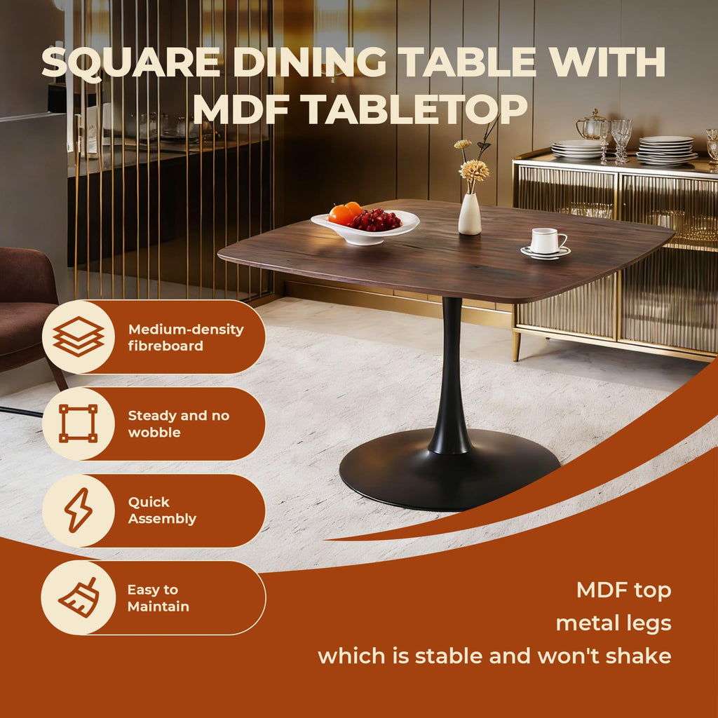 42 Inch Walnut Square Dining Table for 4-6 Person, Modern Tulip Kitchen Table, Mid-Century Leisure Table with Metal