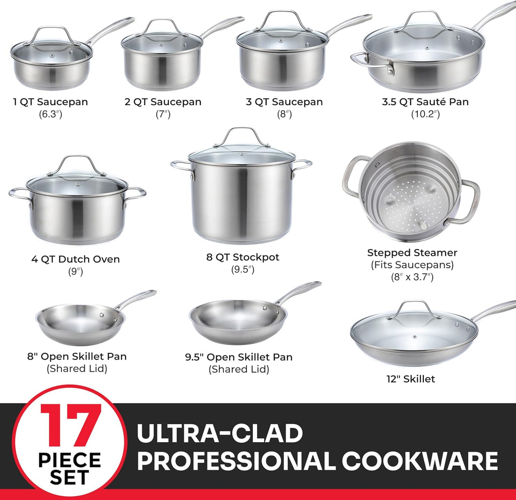 17-Piece Stainless Steel Pots and Pans Set, Tri-Ply Ultra-Clad Pro | Cookware Set, Induction Ready, Oven Safe