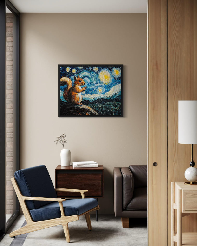 Squirrel Black Framed Art Print Poster, Animal Van Gogh Starry Night Nature Theme Wall art Painting Decor, Art Home