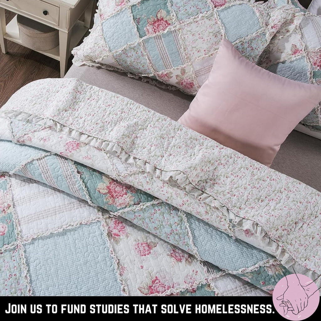 Cottage Floral Patchwork Bedspread Set - Hint of Mint Dainty Quilted Cotton Blooming Garden Botanical - Multi