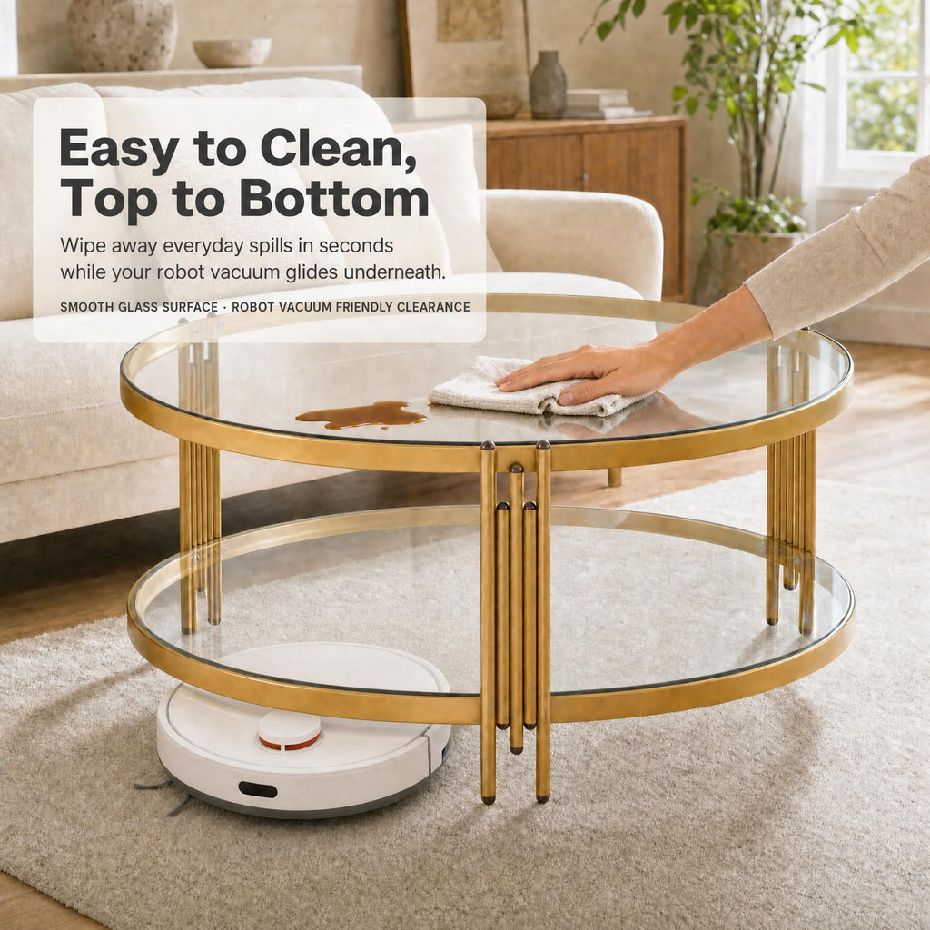 36" Round Glass Coffee Table, Gold Circle Coffee Table with Storage