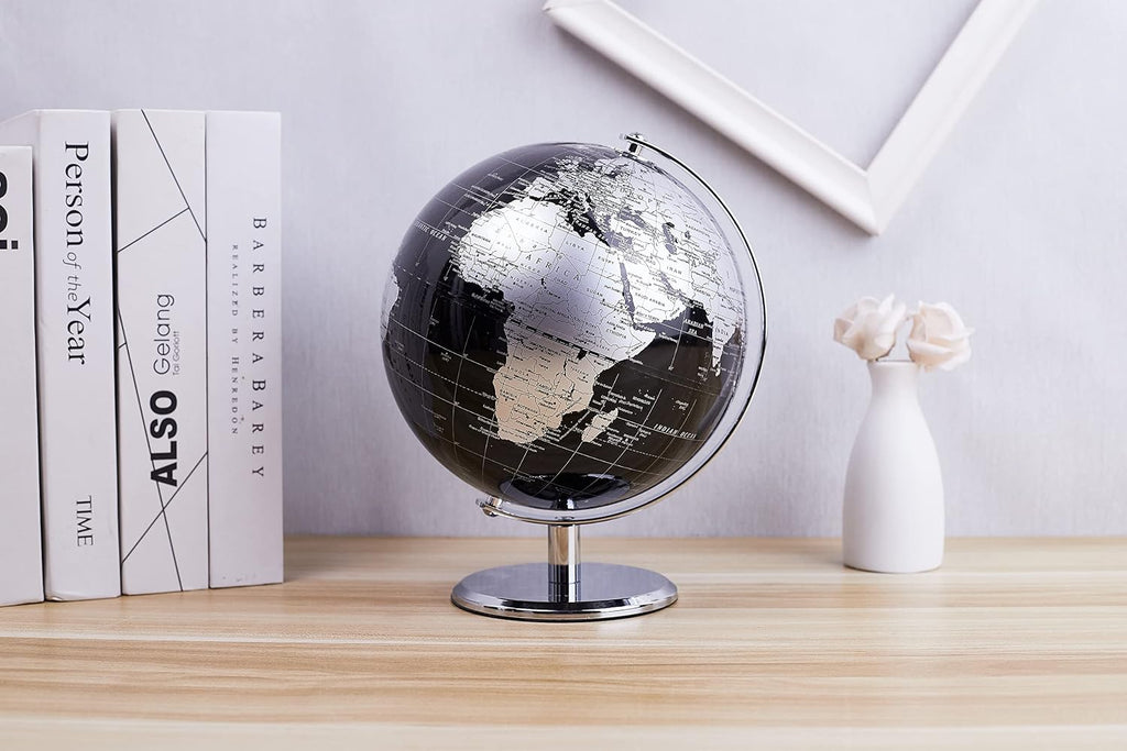 Metallic World Globe Black - Educational/Geographic/Modern Desktop Decoration - Stainless Steel Arc and Base/Earth